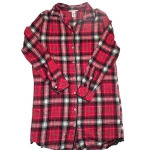 #65 Victoria's Secret Sleepshirt Women’s M Red Plaid Flannel Button Front